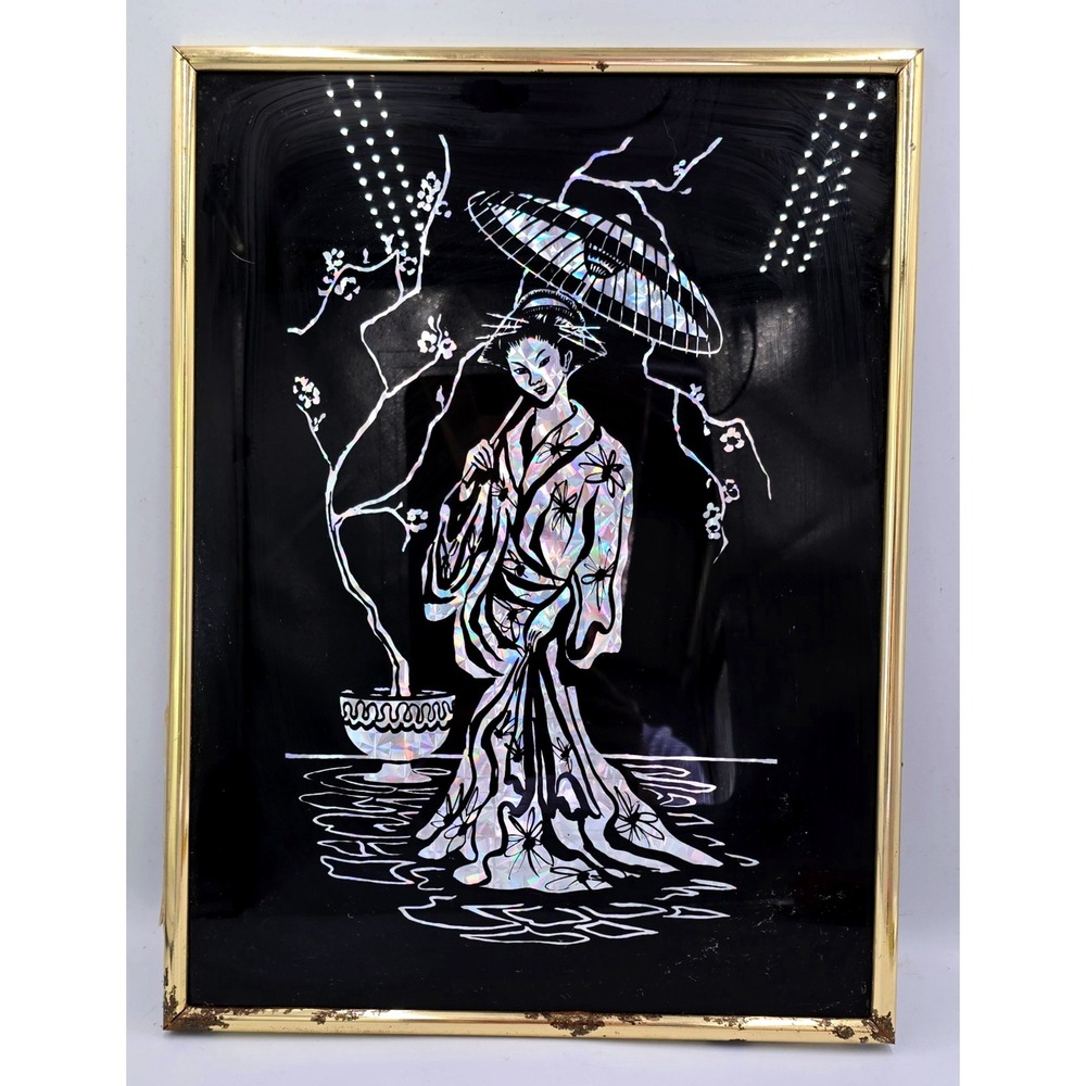 Vintage Holographic Foil Geisha Wall Art Japanese Kimono Iridescent Gold Frame